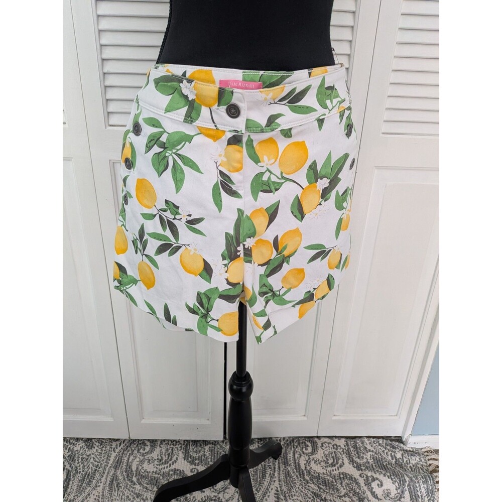 Isaac Mizrahi NY Lemon Print Shorts Women's 8 White Yellow Cotton Stretch Preppy